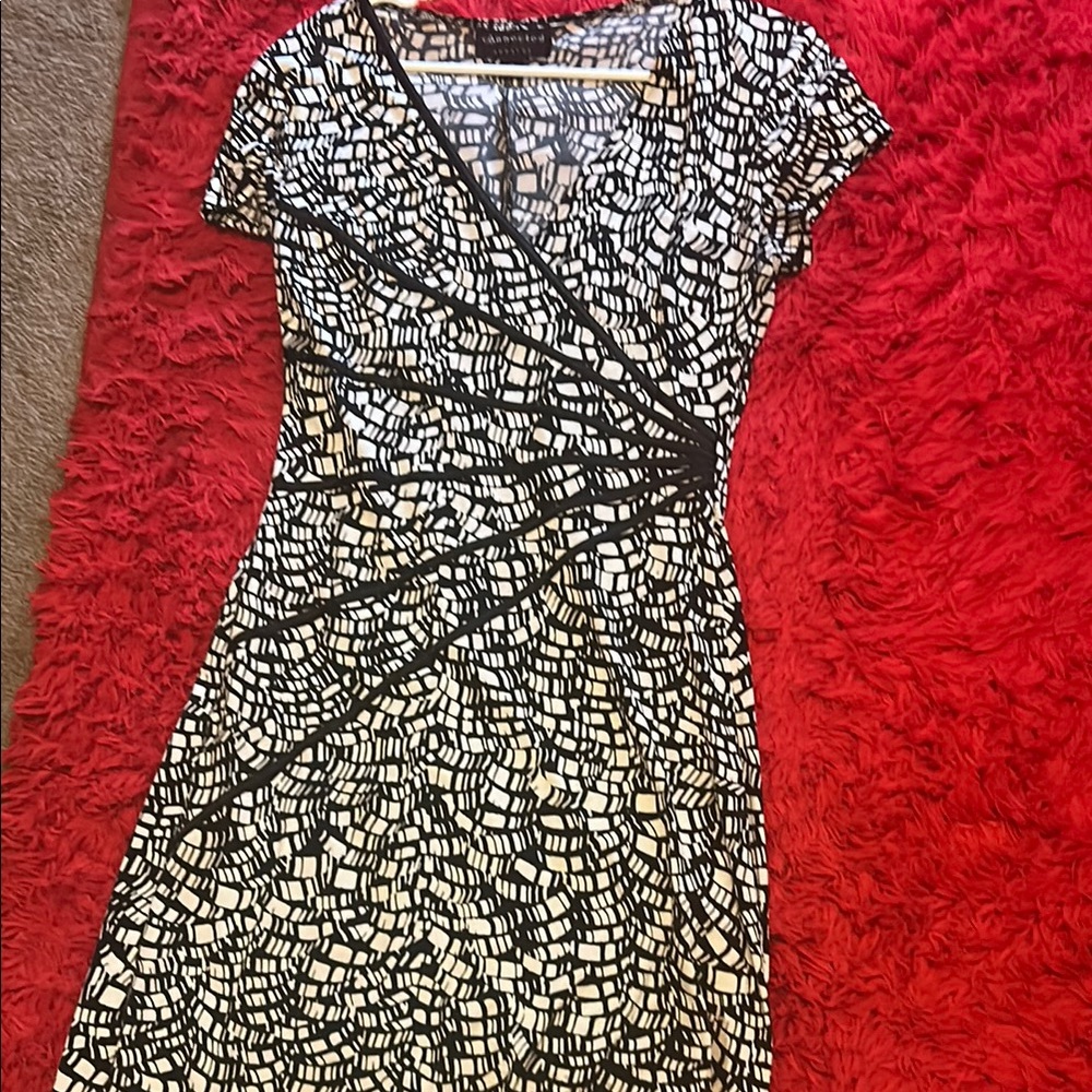 Connected Apparel Black and White V-Neck Sheath Midi Dress